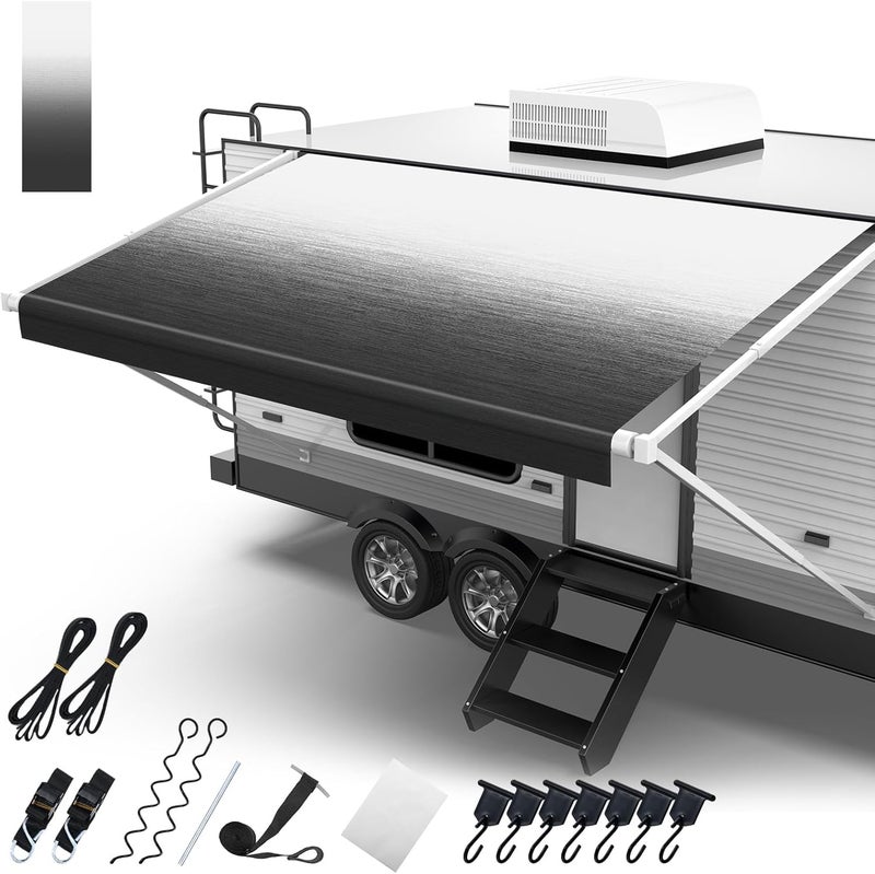 Fonzier RV Awning Fabric Replacement, 19.5oz Heavy Duty Vinyl, with Tie Down Kits & 7 Hooks & Pull Strap for Trailer Camper Awning- 10'(Fabric 9'2"), Black Gray Fade - Image 1